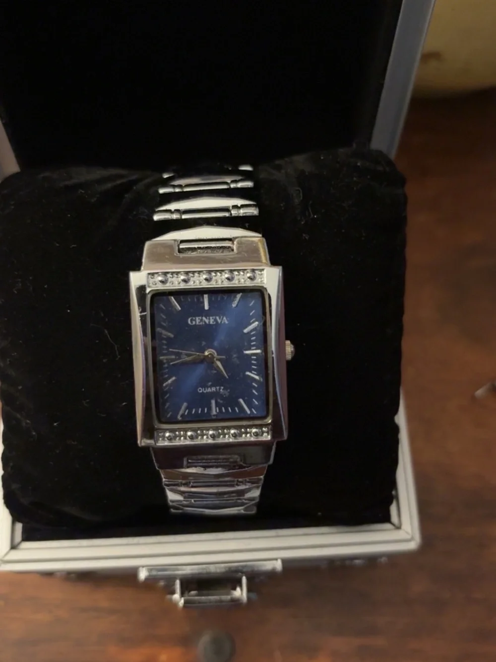 Vintage Geneva Men’s Silver Bracelet Watch with Blue Dial